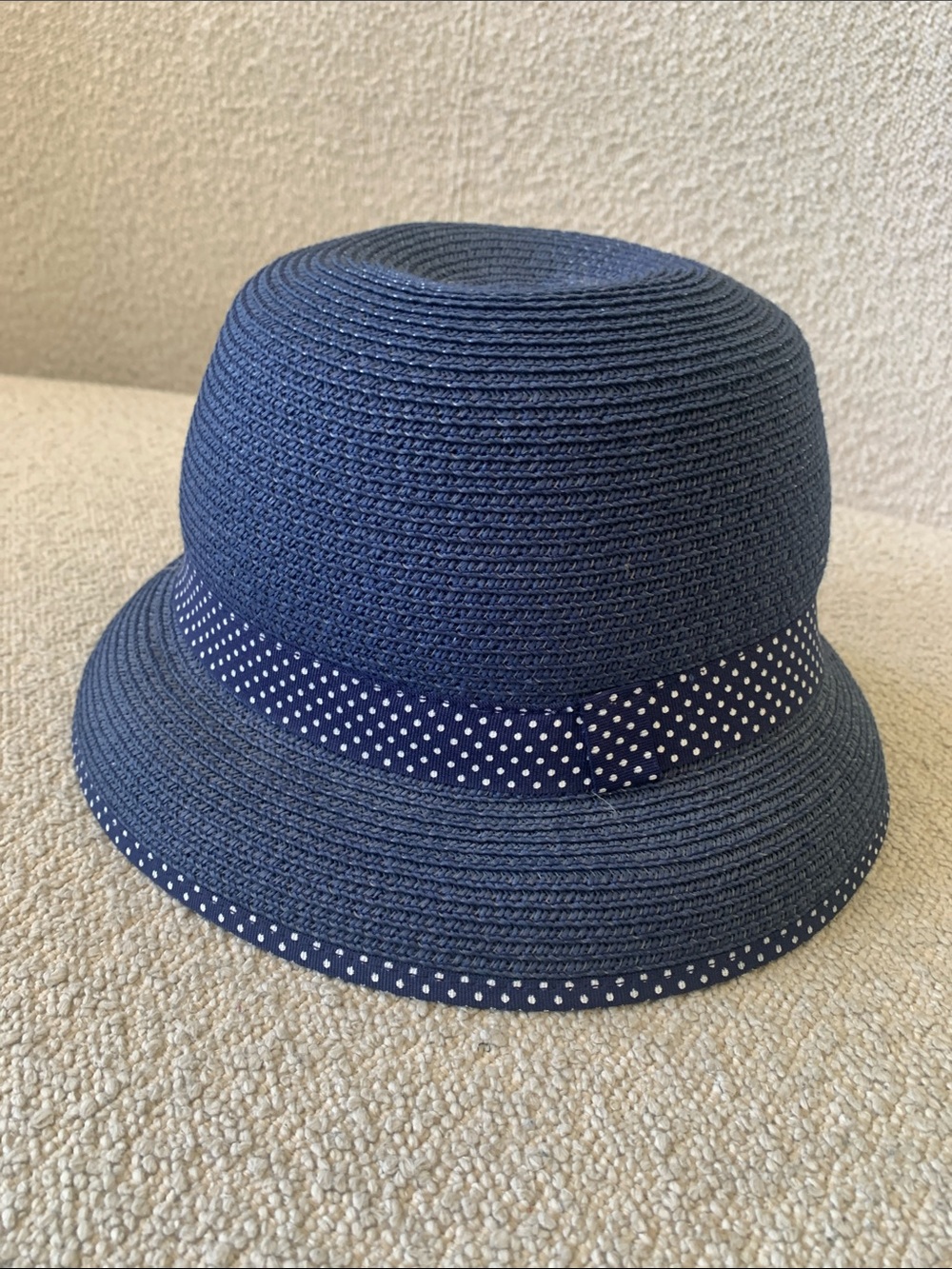 H&M Navy Straw Bucket Hat with White Polka Dot Trim